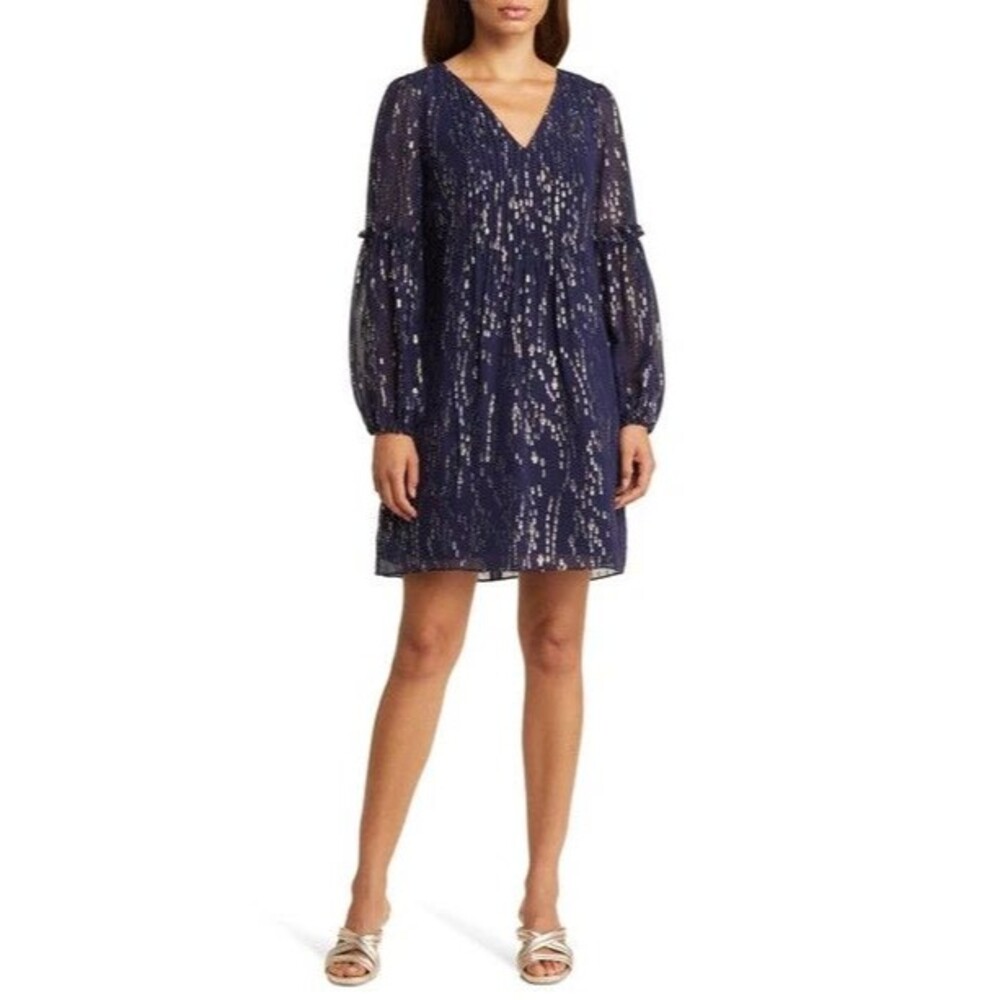 Lilly Pulitzer Cleme Silk Dress Metallic Womens 16 Navy Blue Gold Sheer Formal